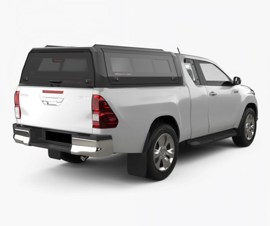 RhinoMan Xtreme Matt Black Алуминиев хардтоп за Toyota Hilux Extra Cab (2016–2025) – Повдигащи се странични прозорци и повдигащ се заден прозорец