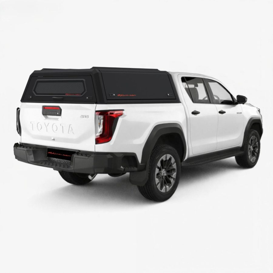 RhinoMan LX Matt Black Алуминиев хардтоп за Toyota Hilux Double Cab (2026+) – Повдигащи се странични капаци и повдигащ се заден прозорец