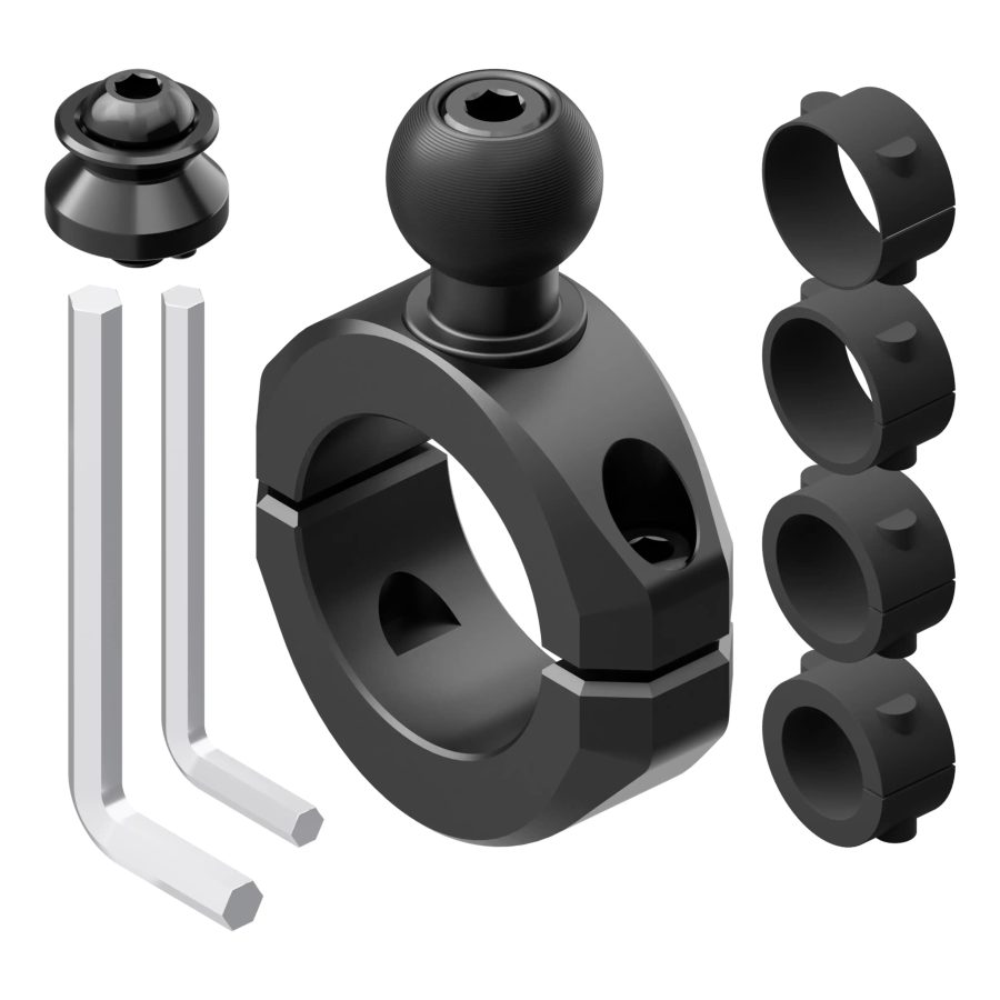 Универсална скоба BC3 за тръби 7/8"–1-1/4" Tackform – черен – топка 20 мм и dovetail – с включени втулки