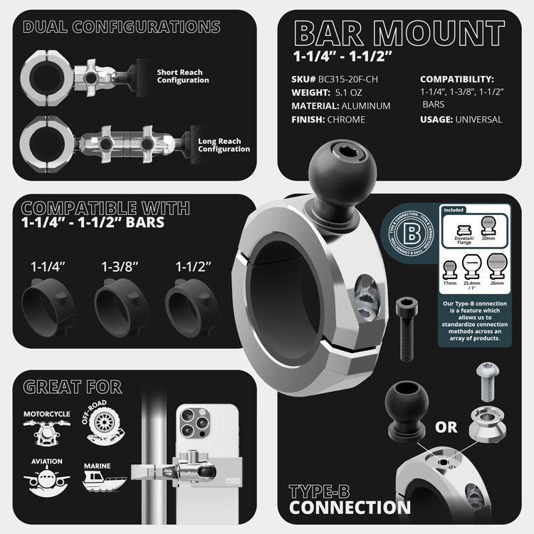 Универсална скоба BC3 за тръби 1-1/4"–1-1/2" Tackform – хром – топка 20 мм и dovetail – с включени втулки